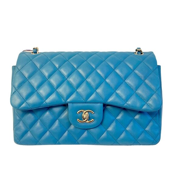 Chanel Textured Calfskin Quilted Double Flap Jumbo Blue SHW - Picture 1 of 9